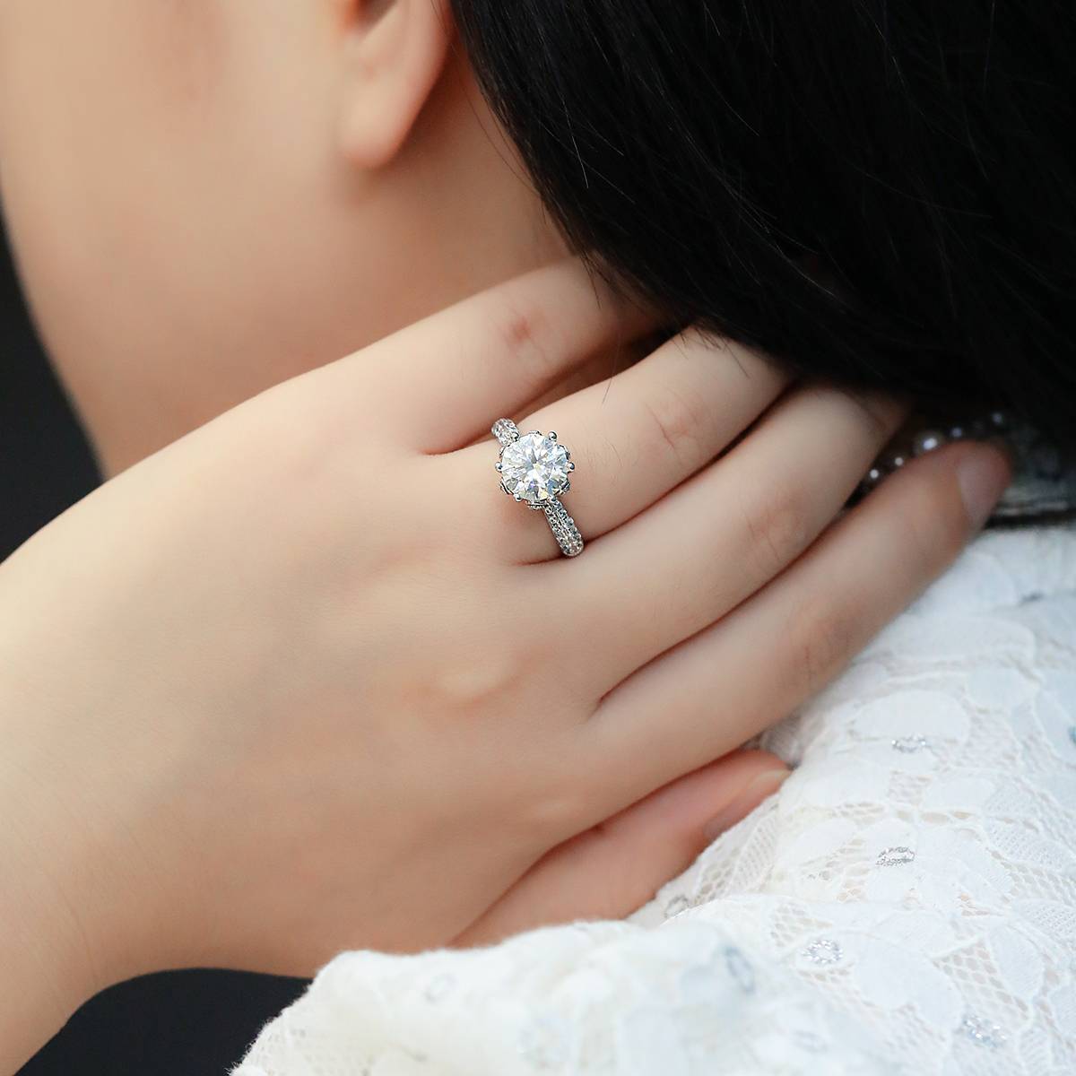 Straight arm luxury floral god S925 silver plated white gold moissanite diamond women's ring 3.0 carats D-class